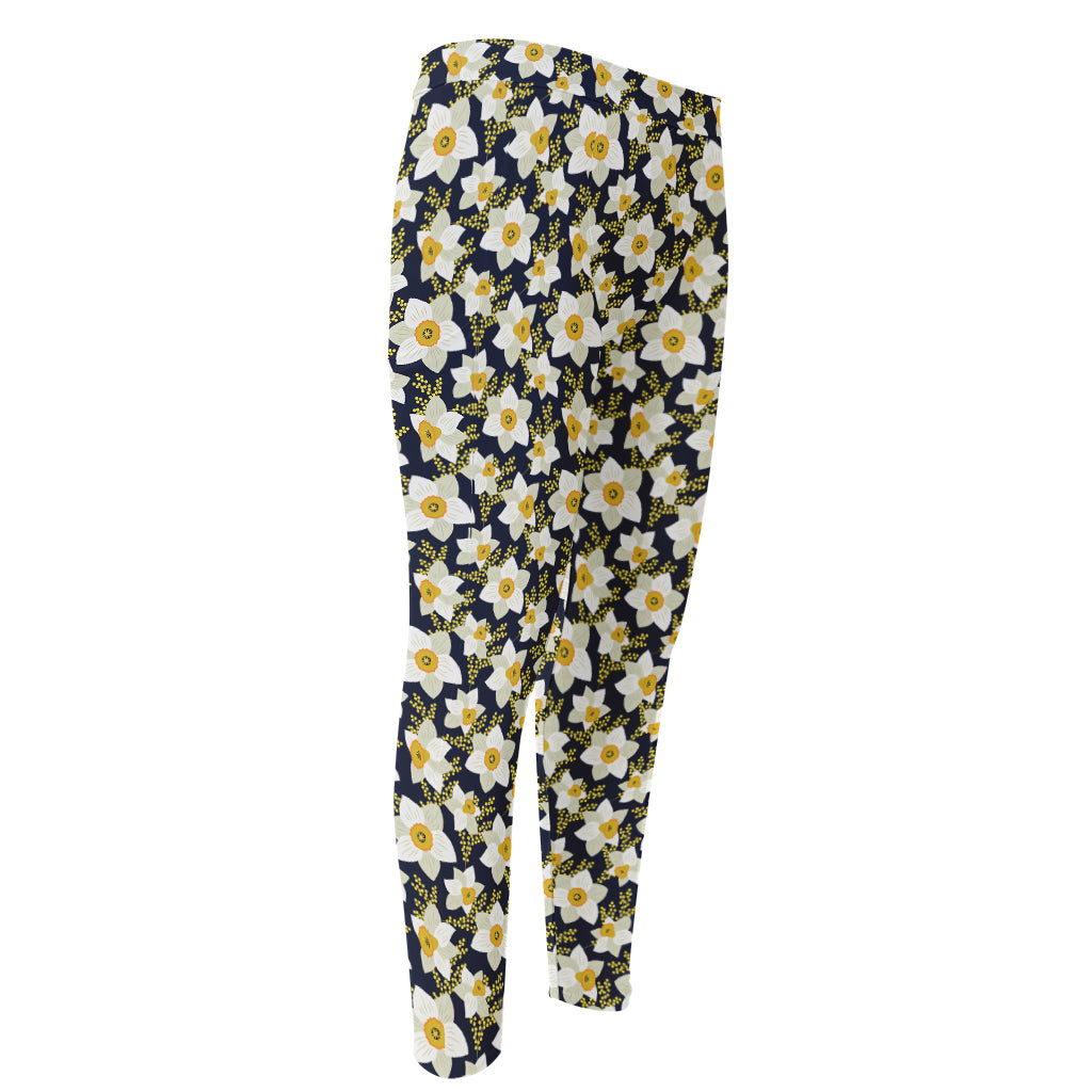 White Daffodil Flower Pattern Print Men's Compression Pants