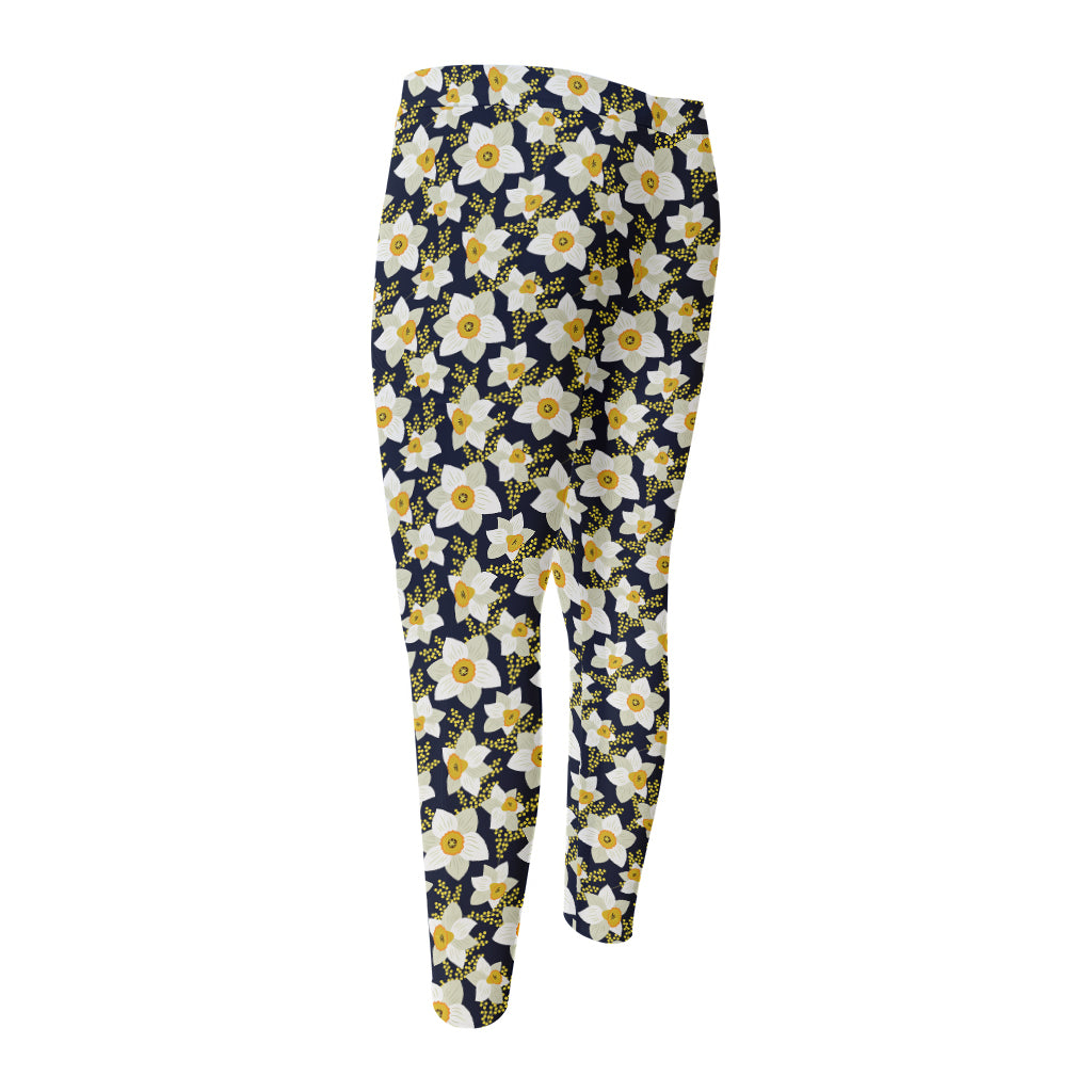 White Daffodil Flower Pattern Print Men's Compression Pants