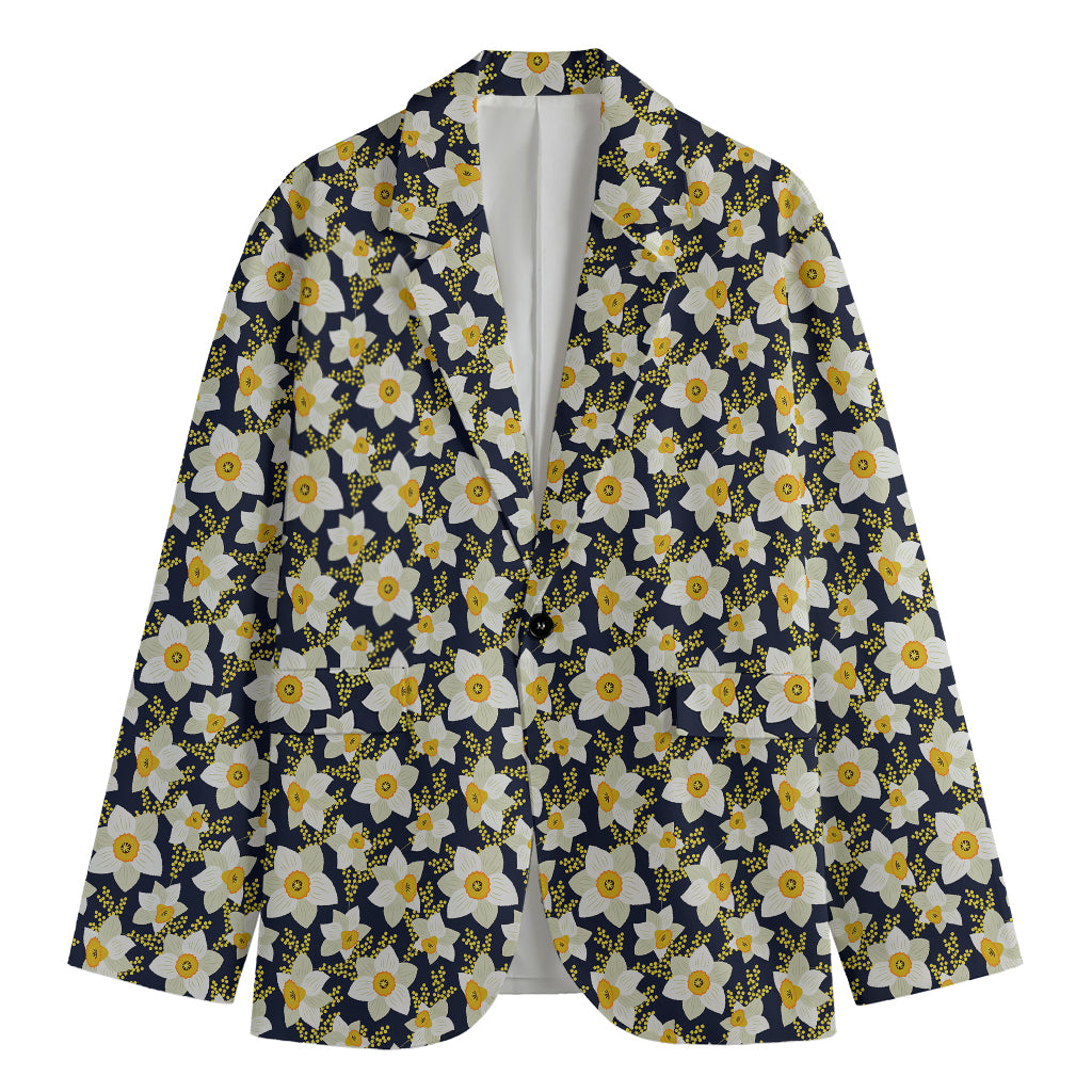 White Daffodil Flower Pattern Print Men's Cotton Blazer