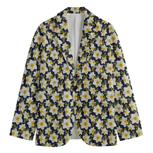 White Daffodil Flower Pattern Print Men's Cotton Blazer