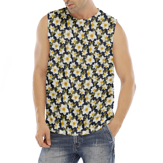 White Daffodil Flower Pattern Print Men's Fitness Tank Top