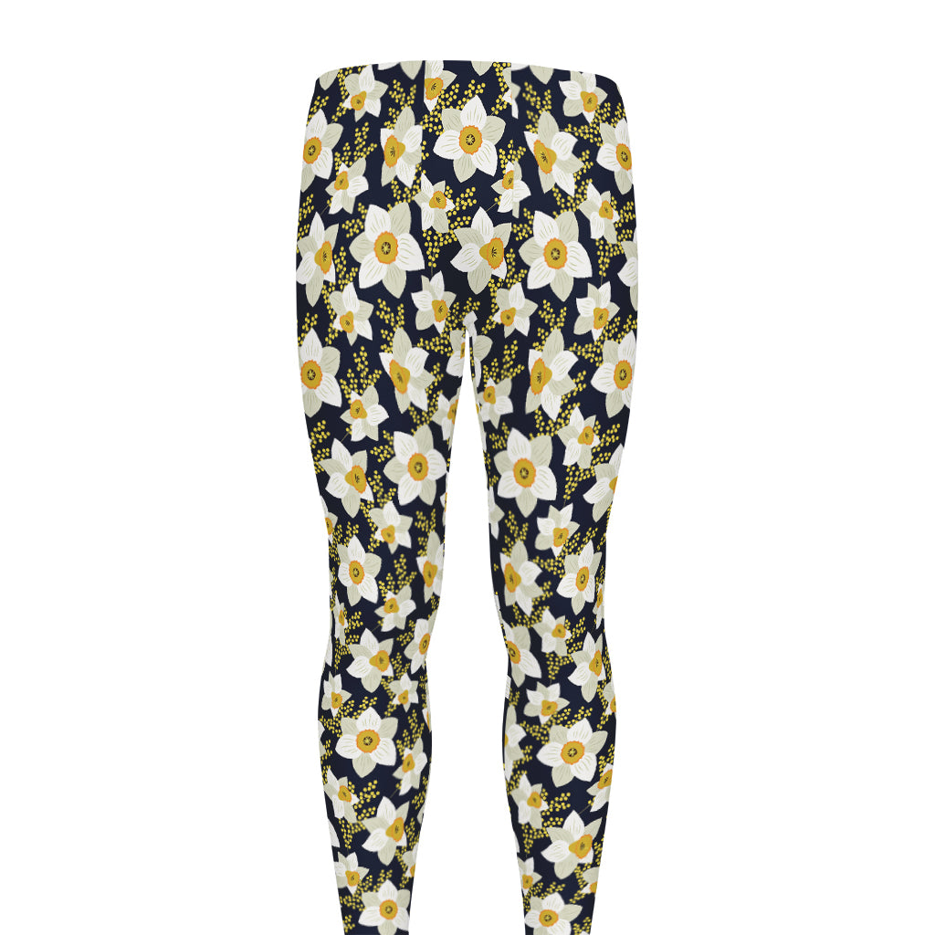 White Daffodil Flower Pattern Print Men's leggings