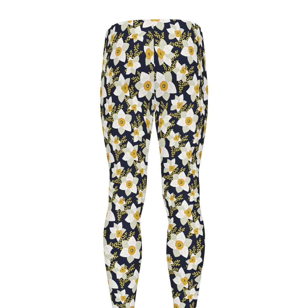 White Daffodil Flower Pattern Print Men's leggings