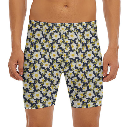 White Daffodil Flower Pattern Print Men's Long Boxer Briefs