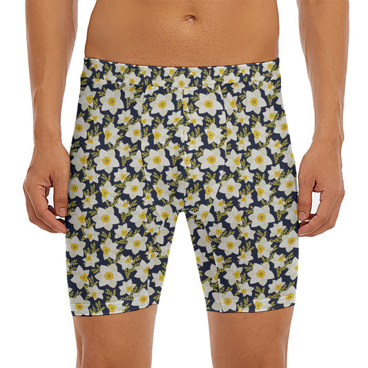White Daffodil Flower Pattern Print Men's Long Boxer Briefs