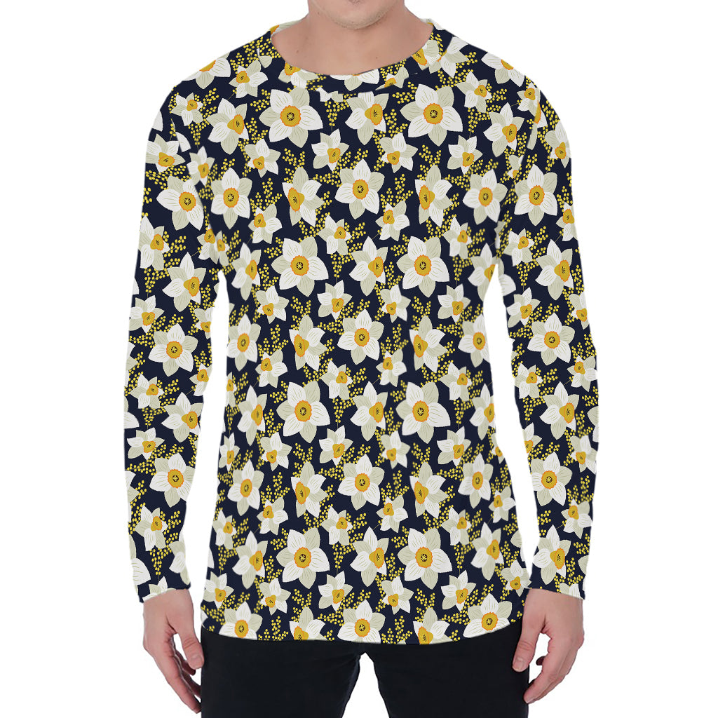 White Daffodil Flower Pattern Print Men's Long Sleeve T-Shirt