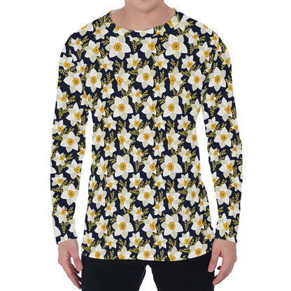 White Daffodil Flower Pattern Print Men's Long Sleeve T-Shirt