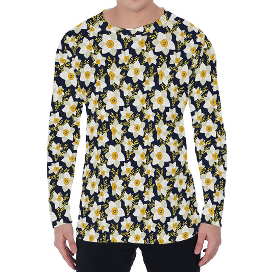 White Daffodil Flower Pattern Print Men's Long Sleeve T-Shirt