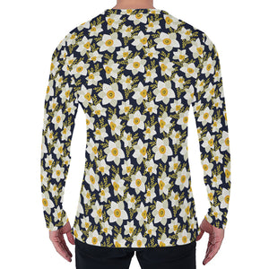 White Daffodil Flower Pattern Print Men's Long Sleeve T-Shirt