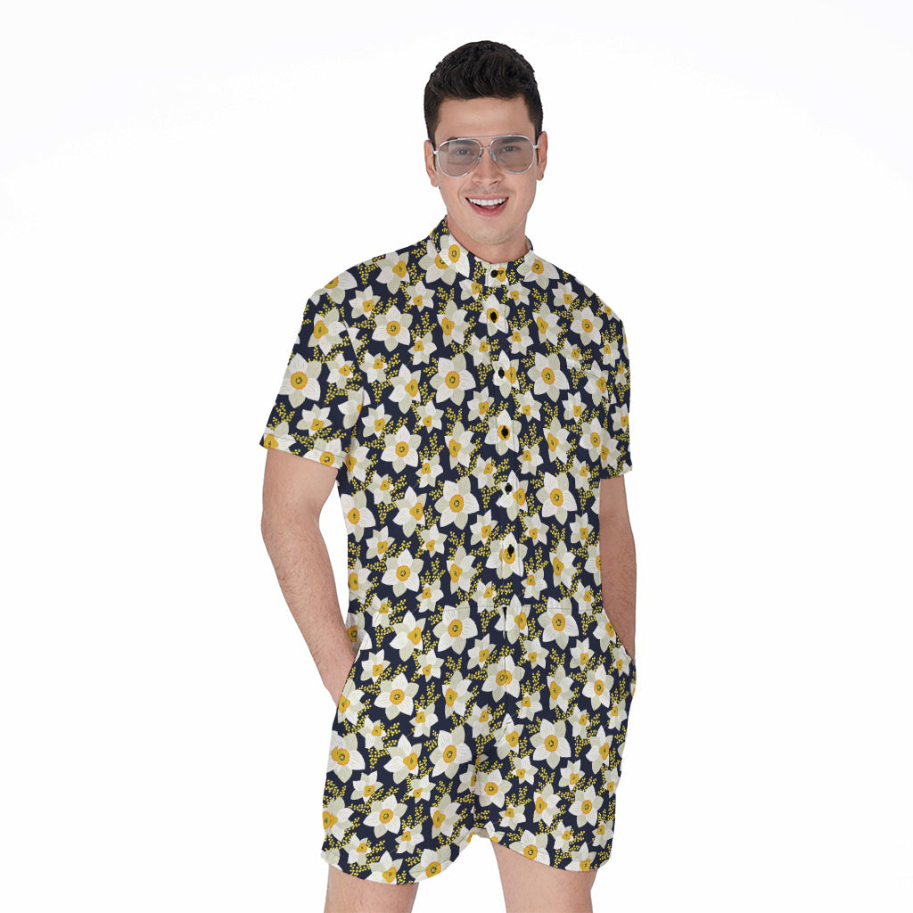 White Daffodil Flower Pattern Print Men's Rompers