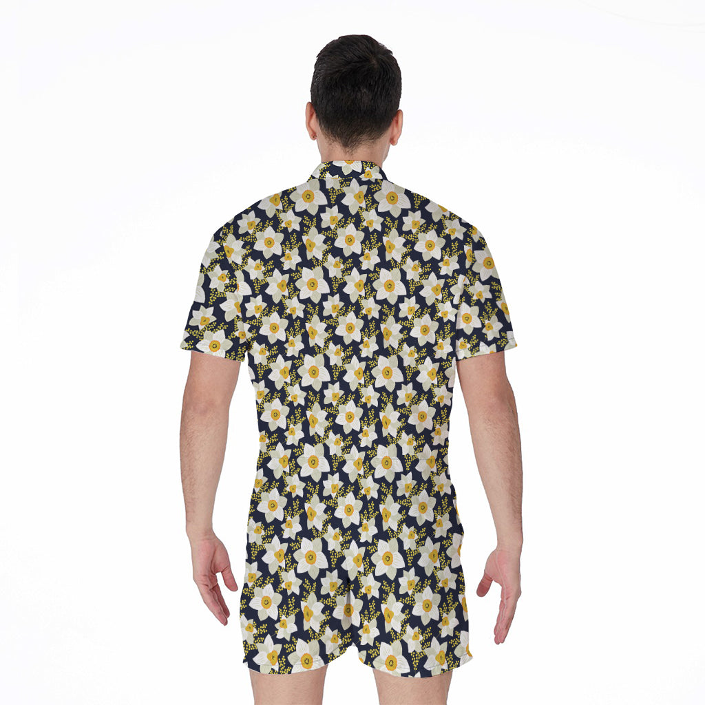 White Daffodil Flower Pattern Print Men's Rompers