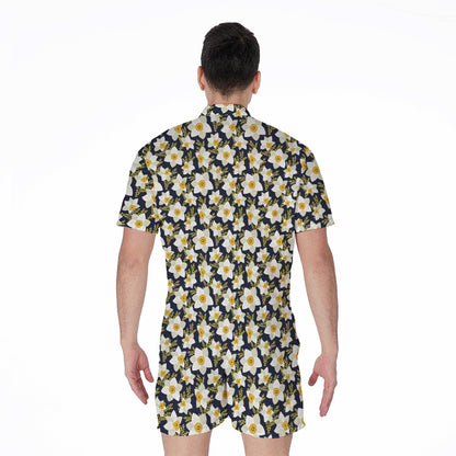 White Daffodil Flower Pattern Print Men's Rompers