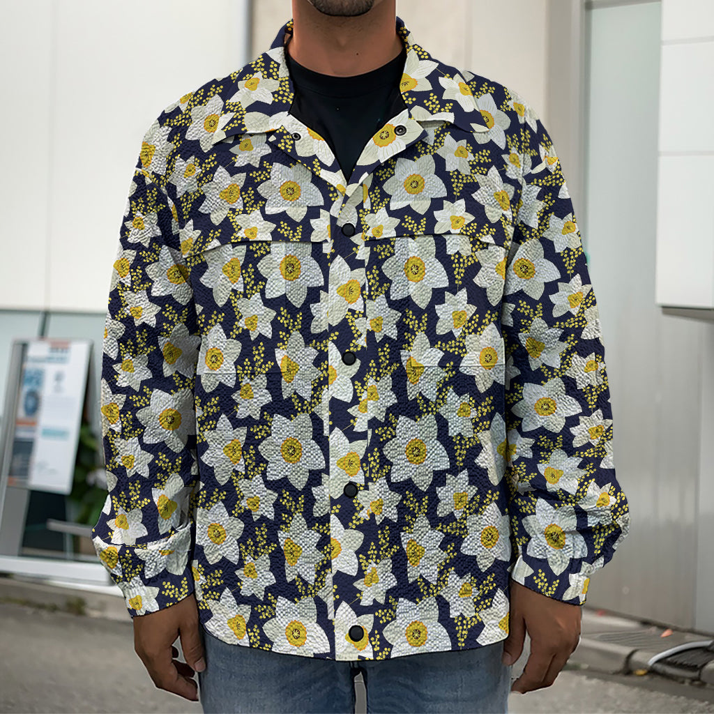 White Daffodil Flower Pattern Print Men's Shirt Jacket