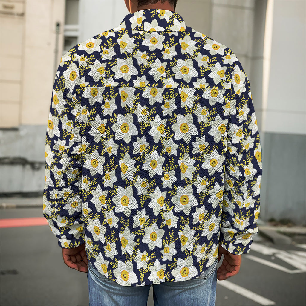 White Daffodil Flower Pattern Print Men's Shirt Jacket