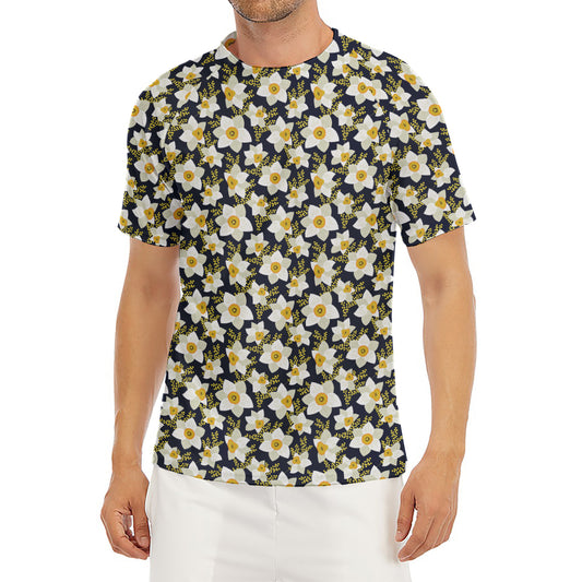 White Daffodil Flower Pattern Print Men's Short Sleeve Rash Guard