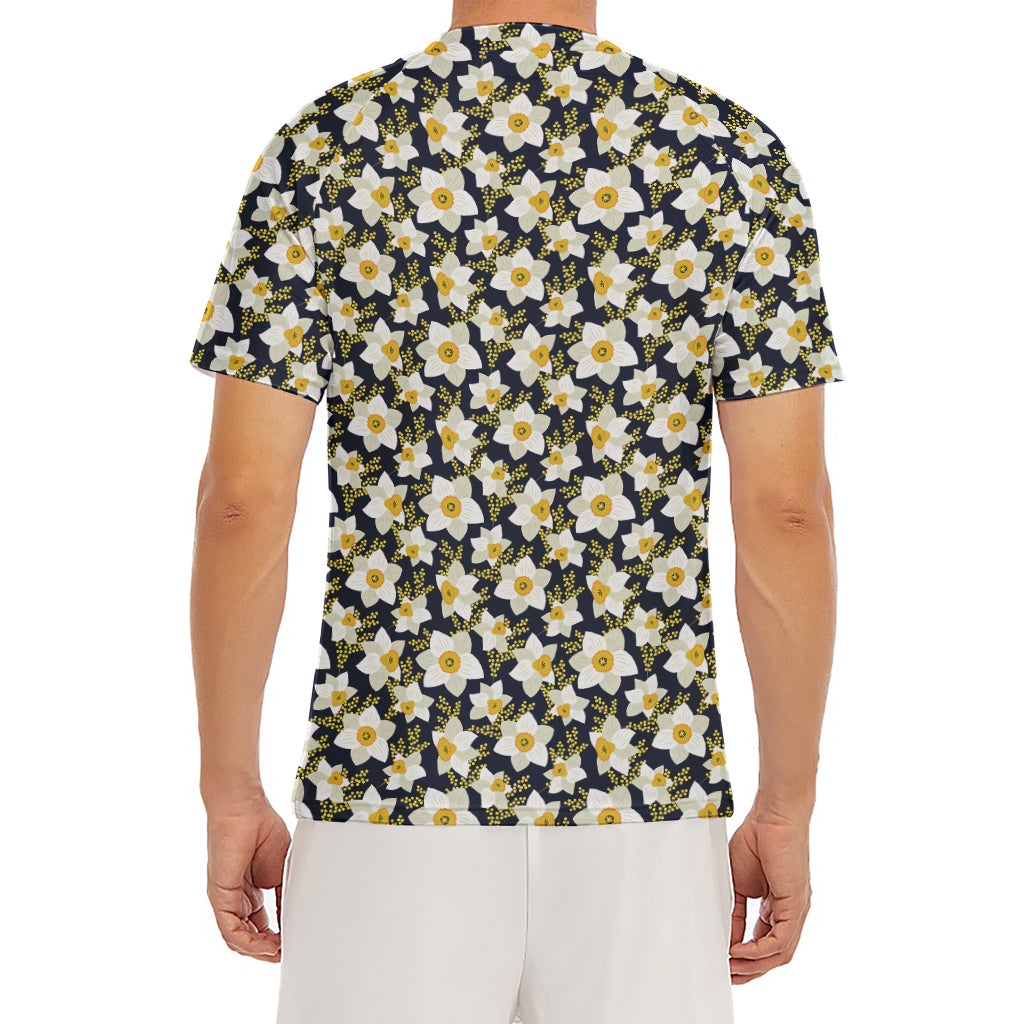 White Daffodil Flower Pattern Print Men's Short Sleeve Rash Guard