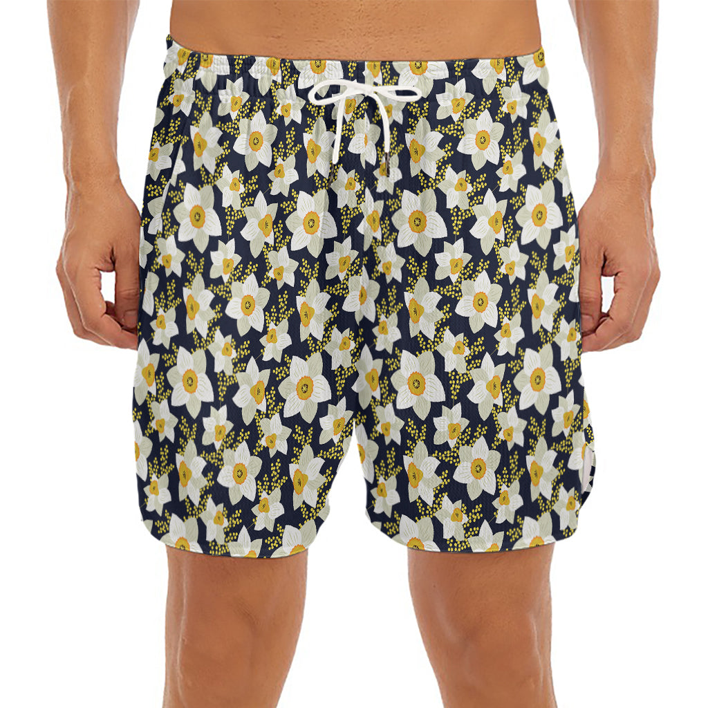 White Daffodil Flower Pattern Print Men's Split Running Shorts