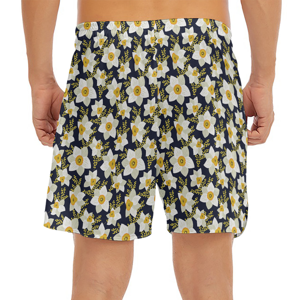 White Daffodil Flower Pattern Print Men's Split Running Shorts