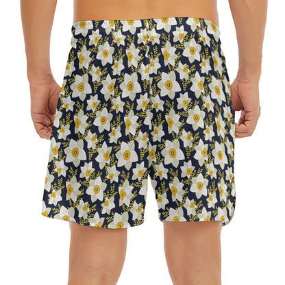 White Daffodil Flower Pattern Print Men's Split Running Shorts
