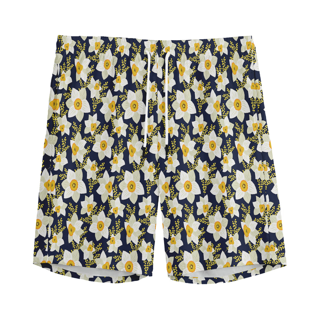 White Daffodil Flower Pattern Print Men's Sports Shorts