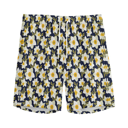 White Daffodil Flower Pattern Print Men's Sports Shorts
