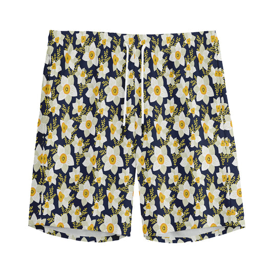 White Daffodil Flower Pattern Print Men's Sports Shorts