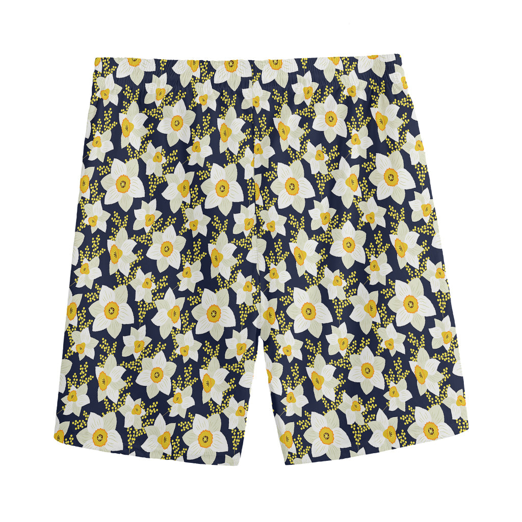 White Daffodil Flower Pattern Print Men's Sports Shorts
