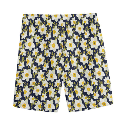 White Daffodil Flower Pattern Print Men's Sports Shorts