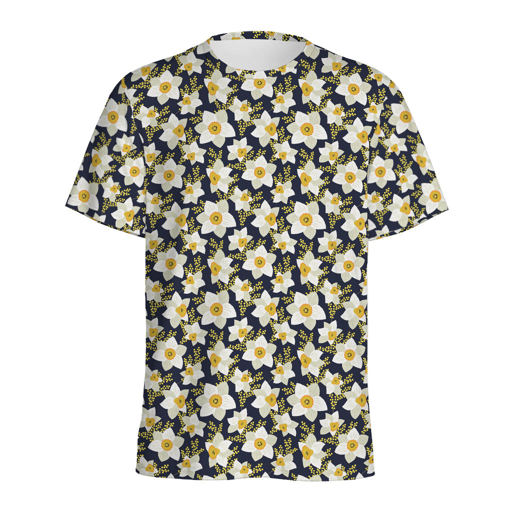 White Daffodil Flower Pattern Print Men's Sports T-Shirt