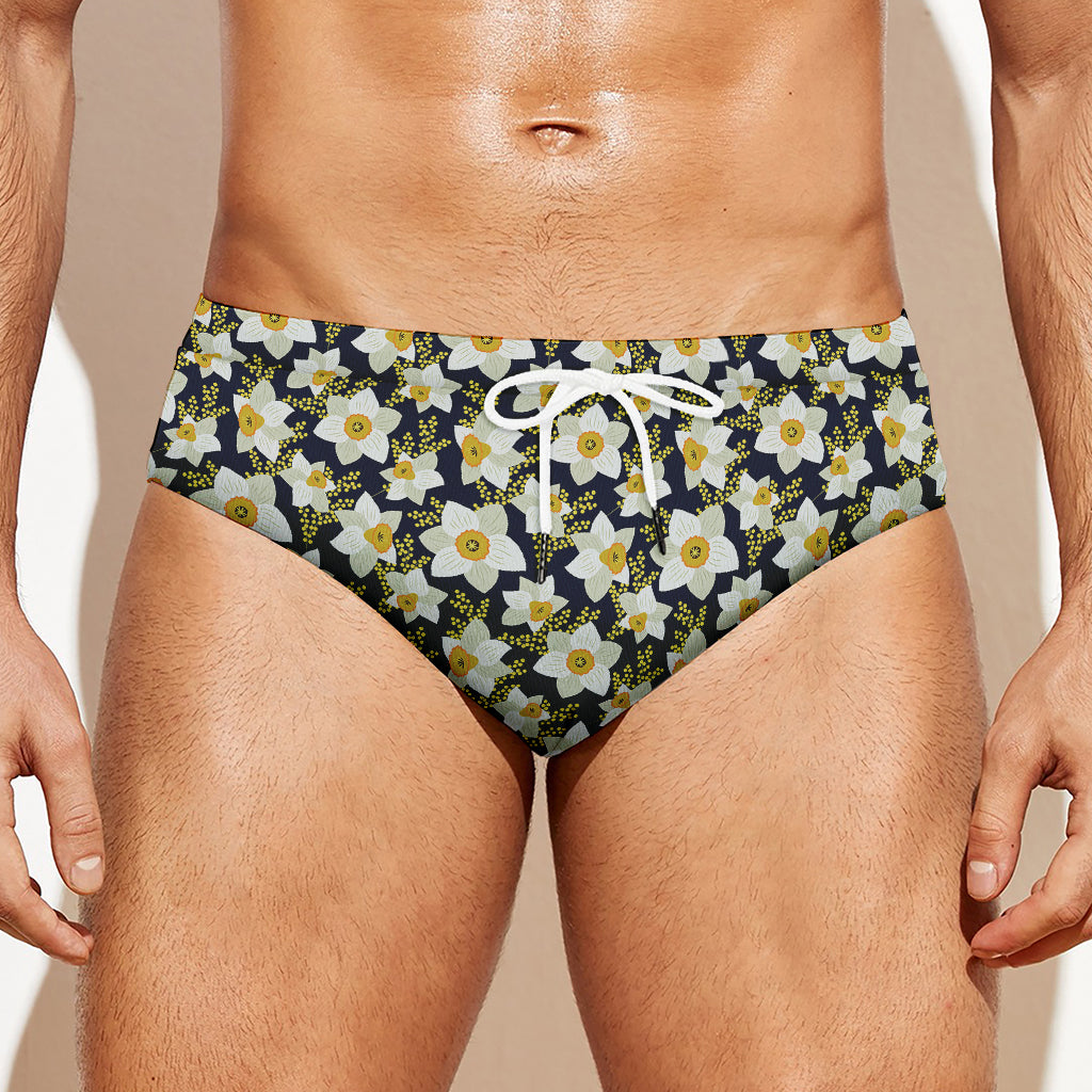 White Daffodil Flower Pattern Print Men's Swim Briefs