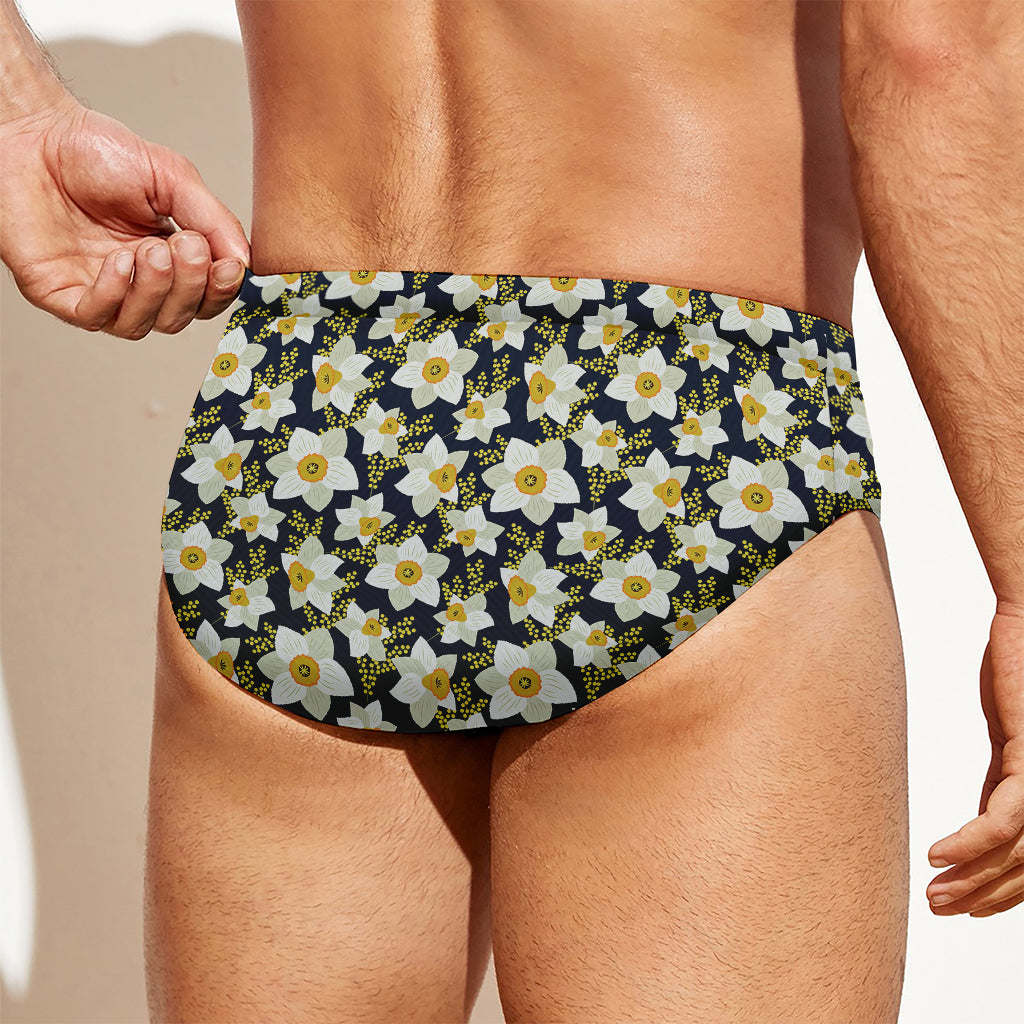 White Daffodil Flower Pattern Print Men's Swim Briefs