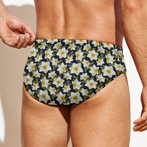 White Daffodil Flower Pattern Print Men's Swim Briefs