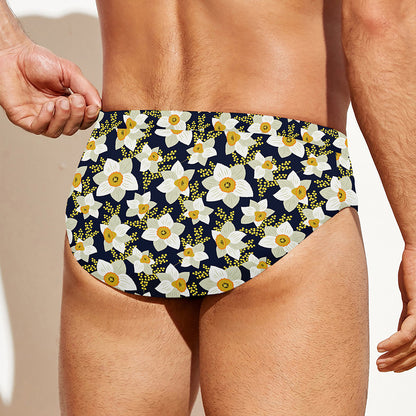 White Daffodil Flower Pattern Print Men's Swim Briefs