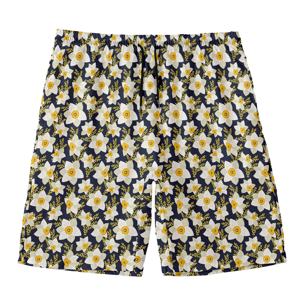 White Daffodil Flower Pattern Print Men's Swim Trunks