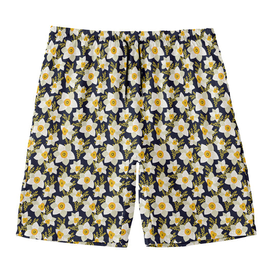 White Daffodil Flower Pattern Print Men's Swim Trunks