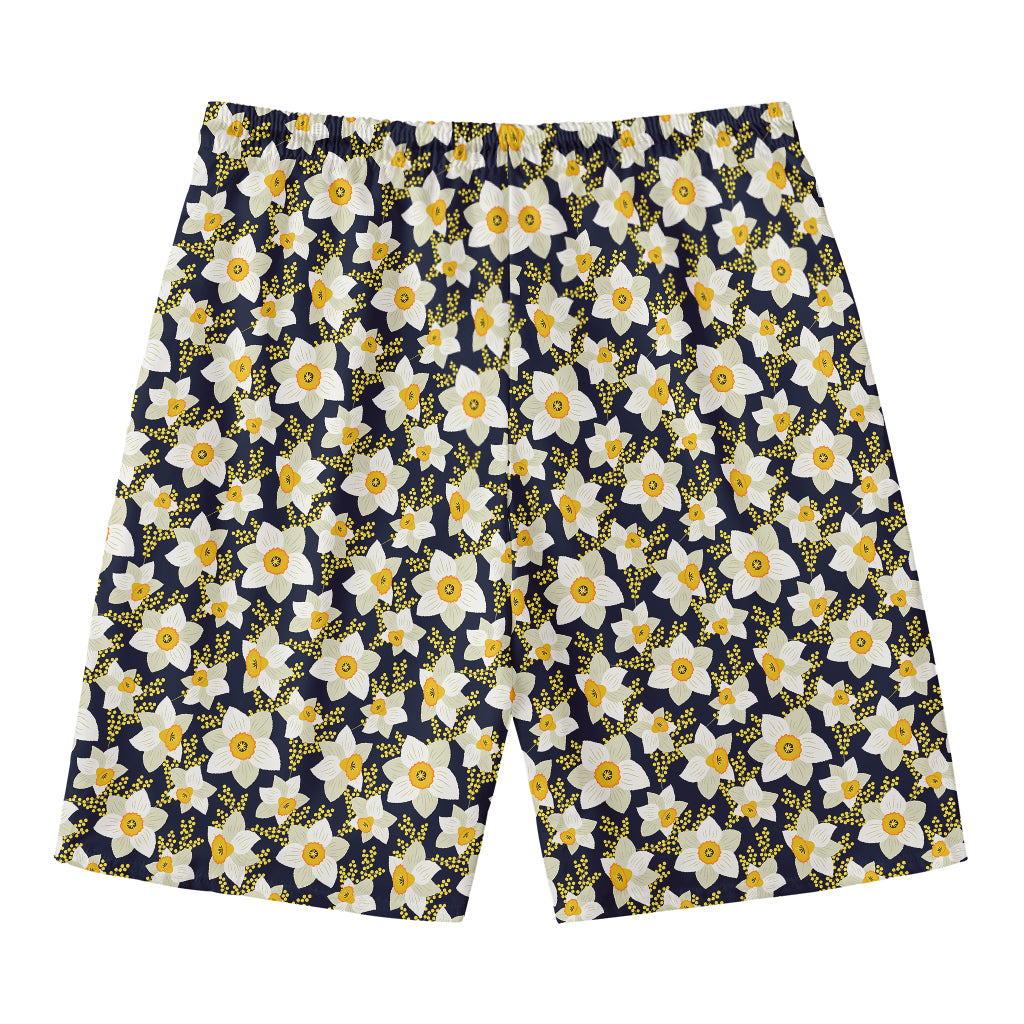 White Daffodil Flower Pattern Print Men's Swim Trunks
