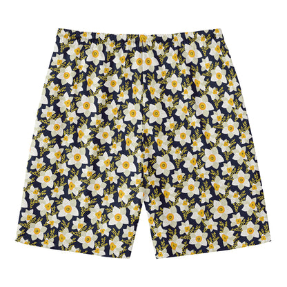 White Daffodil Flower Pattern Print Men's Swim Trunks