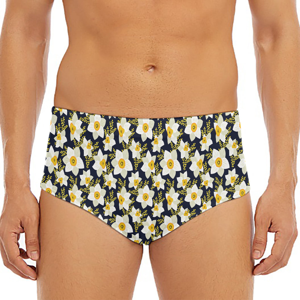 White Daffodil Flower Pattern Print Men's Triangle Swim Briefs