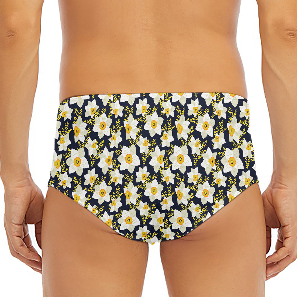 White Daffodil Flower Pattern Print Men's Triangle Swim Briefs