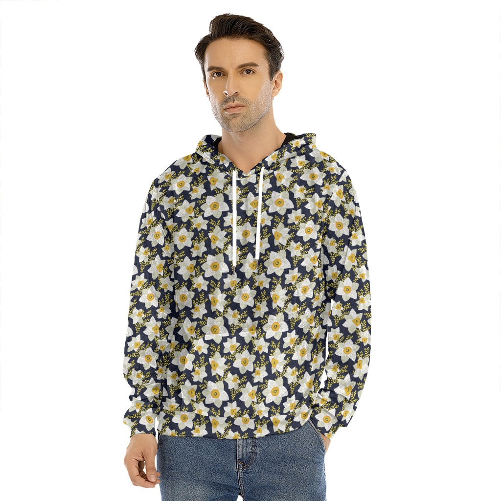 White Daffodil Flower Pattern Print Men's Velvet Pullover Hoodie