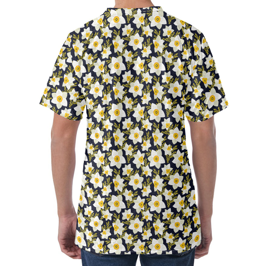 White Daffodil Flower Pattern Print Men's Velvet T-Shirt