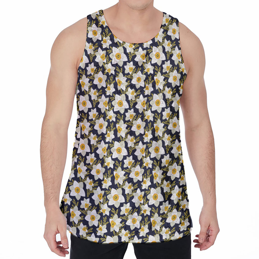 White Daffodil Flower Pattern Print Men's Velvet Tank Top