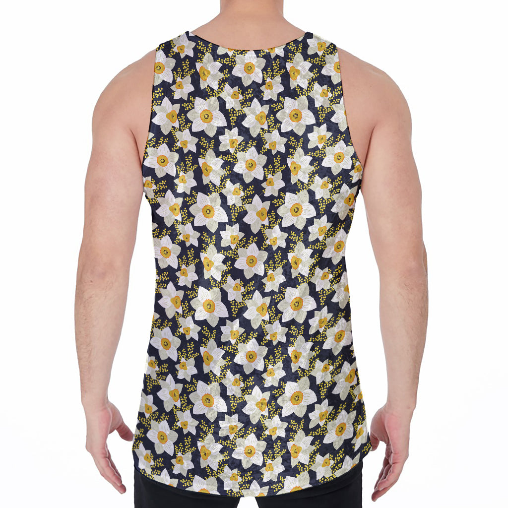 White Daffodil Flower Pattern Print Men's Velvet Tank Top