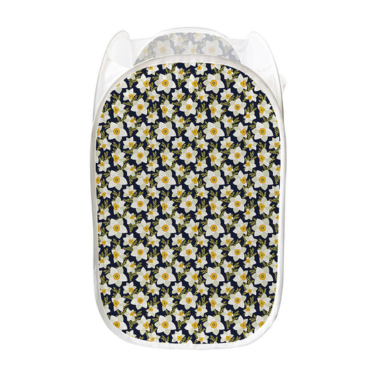 White Daffodil Flower Pattern Print Mesh Laundry Hamper