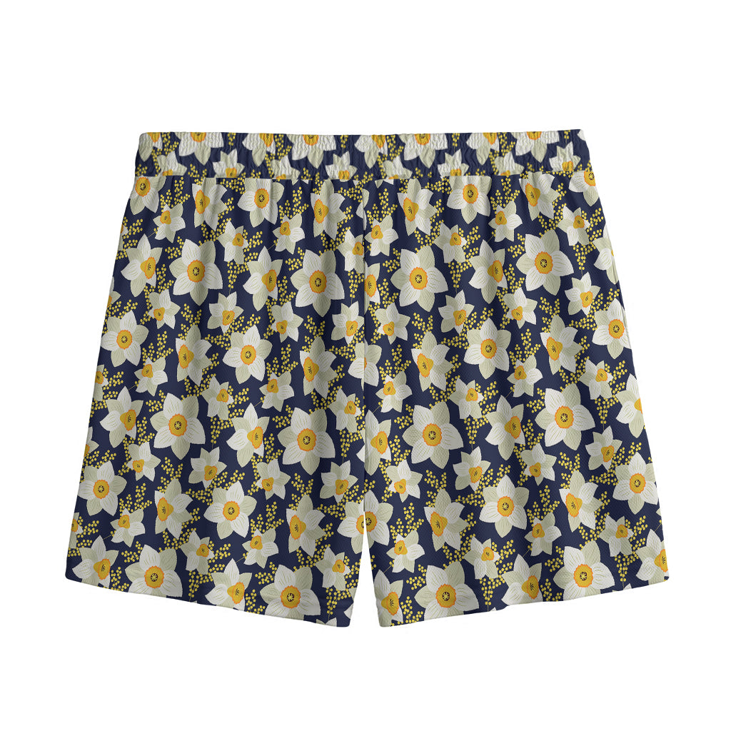 White Daffodil Flower Pattern Print Mesh Shorts