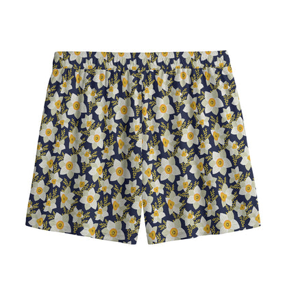 White Daffodil Flower Pattern Print Mesh Shorts