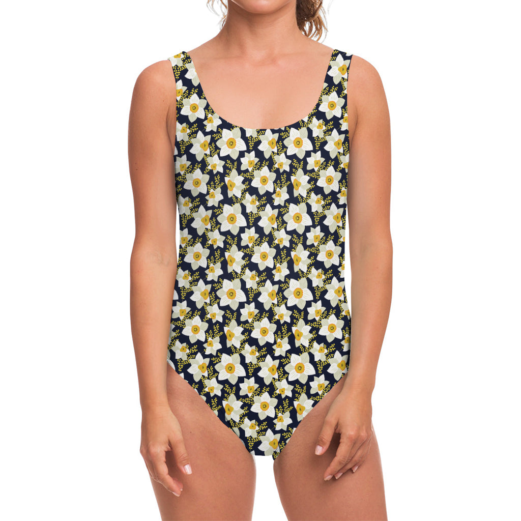 White Daffodil Flower Pattern Print One Piece Swimsuit
