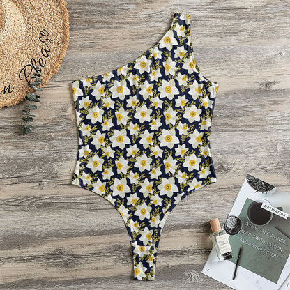 White Daffodil Flower Pattern Print One Shoulder Bodysuit