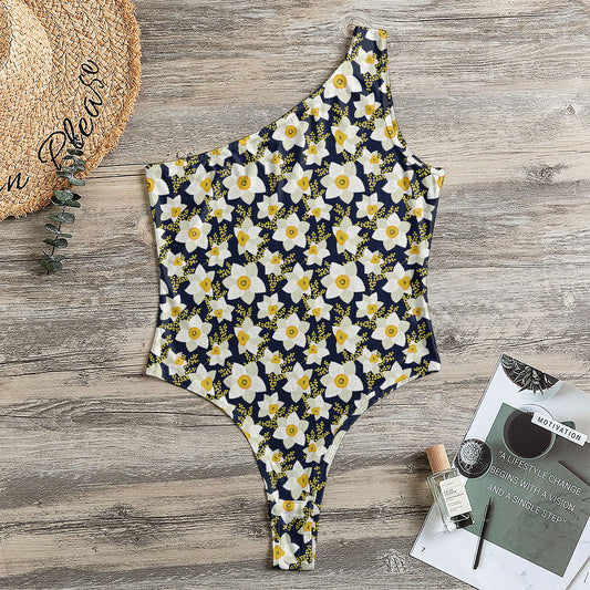 White Daffodil Flower Pattern Print One Shoulder Bodysuit
