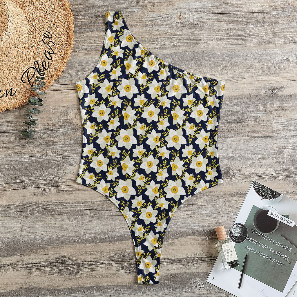White Daffodil Flower Pattern Print One Shoulder Bodysuit